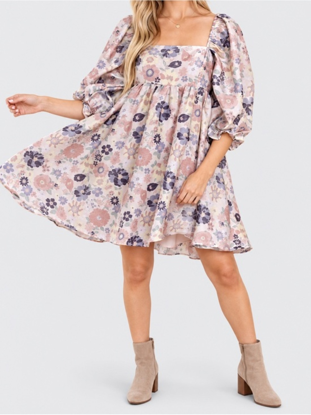 Storia Floral Babydoll Mini Dress Puff Sleeve Square Neck Cottagecore Romantic